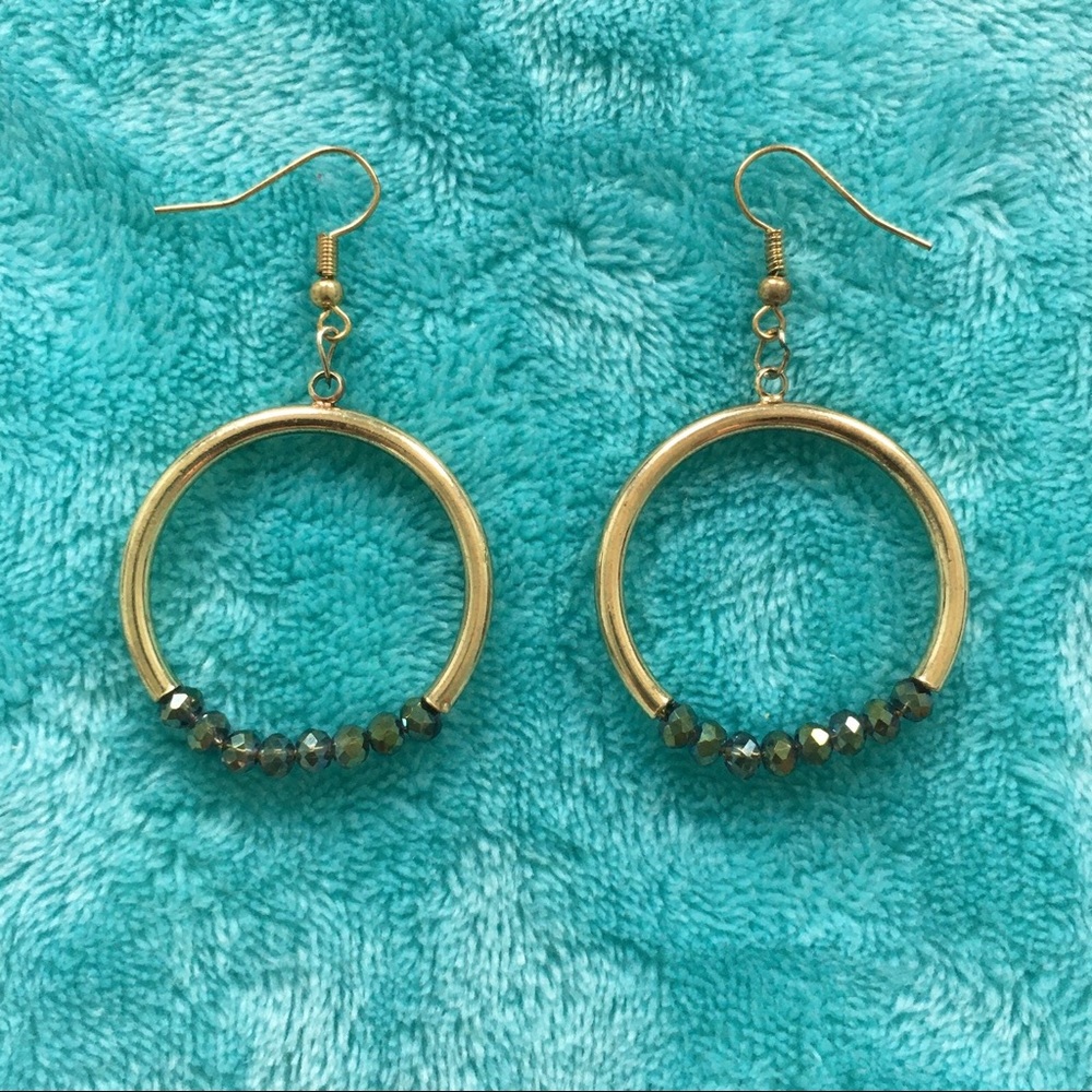 Boho Gold Tone Green Crystal Beaded Hoop Earrings